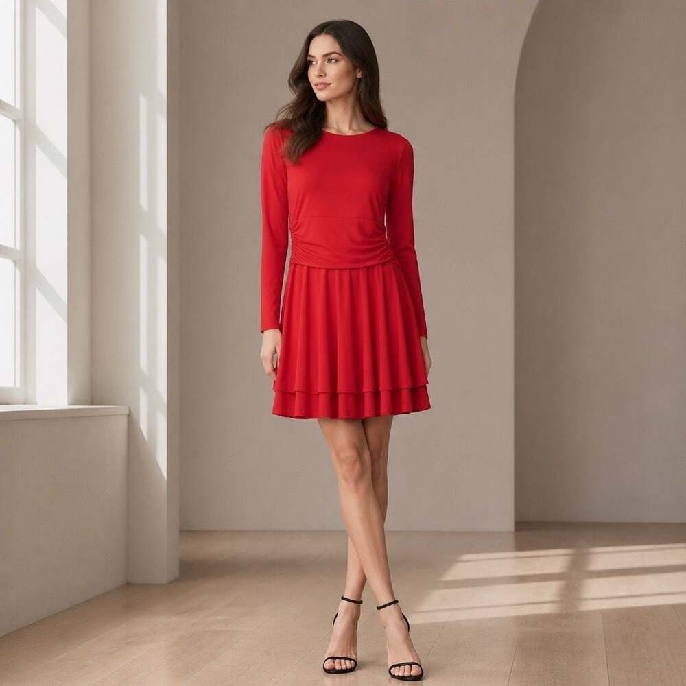XXTAXN Red Long Sleeve Crew Neck Ruffle Hem Mini Dress #1572